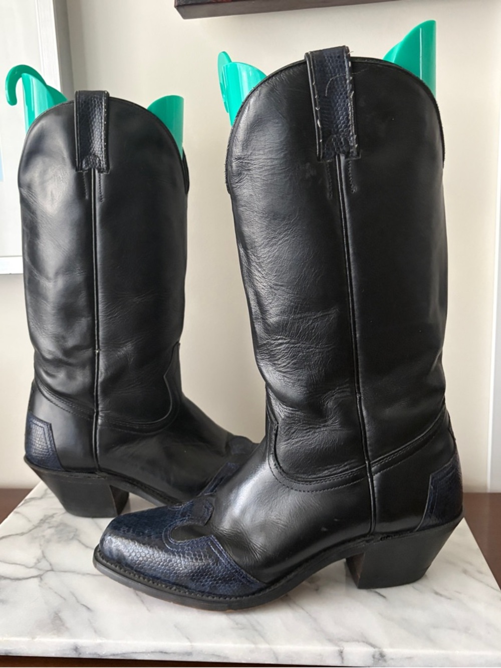 Vintage Silver Rebel Classic Black Leather Cowboy Boots with Navy Toe Accents